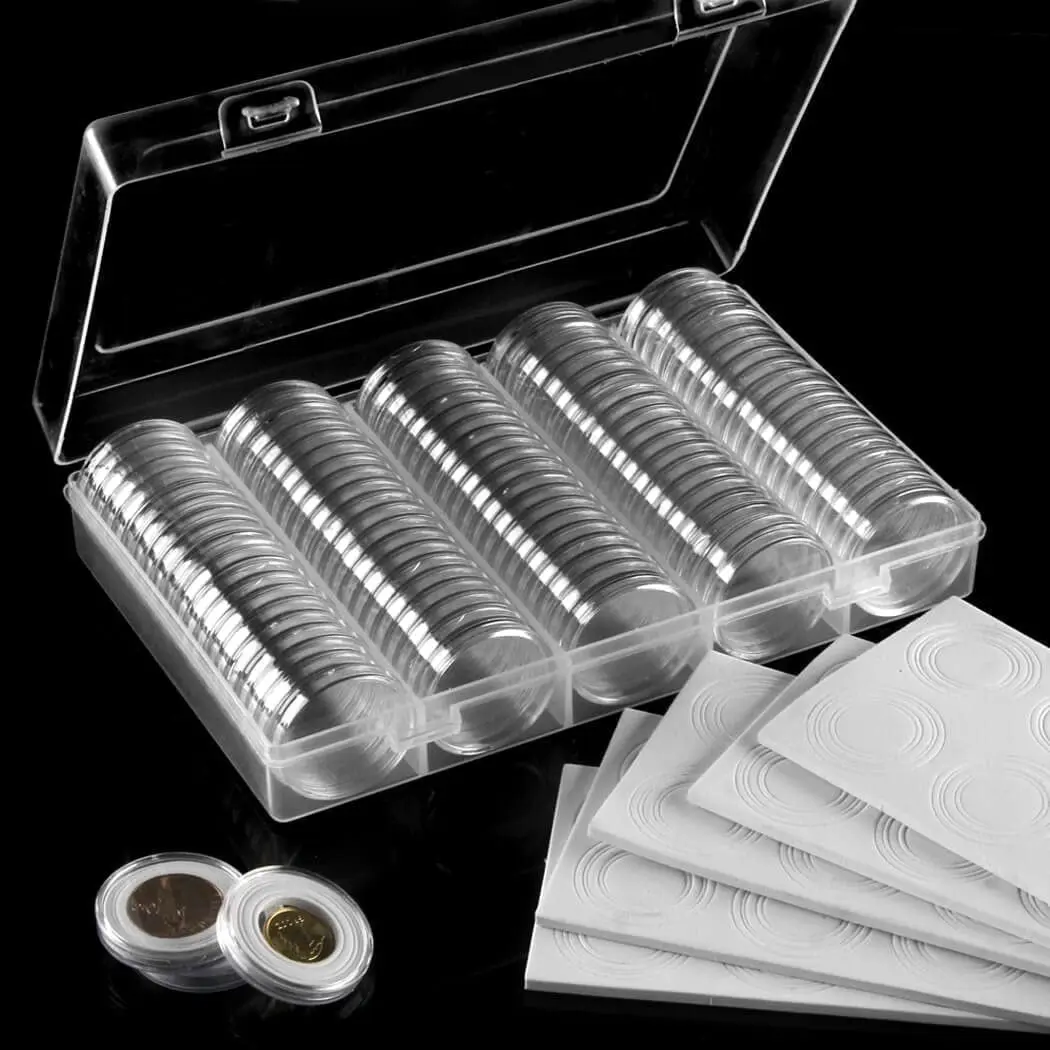 100-Piece 30mm Silver Gold Coin Capsule Organiser Box - Dust-proof for Clean Keeps, Oxidation-resistant Plastic, Multi-Compartment for Copper Pesos Collections, Coin Organizer