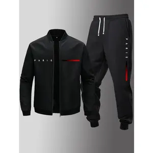 Men's Paris Letter Graphic and Color Stripe Print Bomber Jacket with Elastic Waist Jogger Pants 2 Piece Set for Spring Autumn Casual Outdoor Daily WearGift