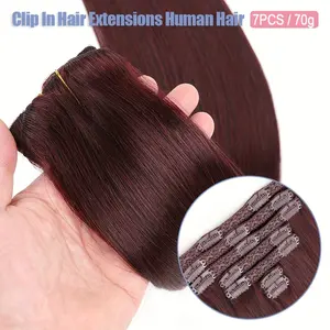 Fashion New Hot 7pcs 70g Burgundy Red Clip-In Hair Extensions, Brazilian Remy Human Hair, Seamless Invisible Natural Straight Women'S Hairpiece for Daily, Cosplay, Party, Holiday Use
