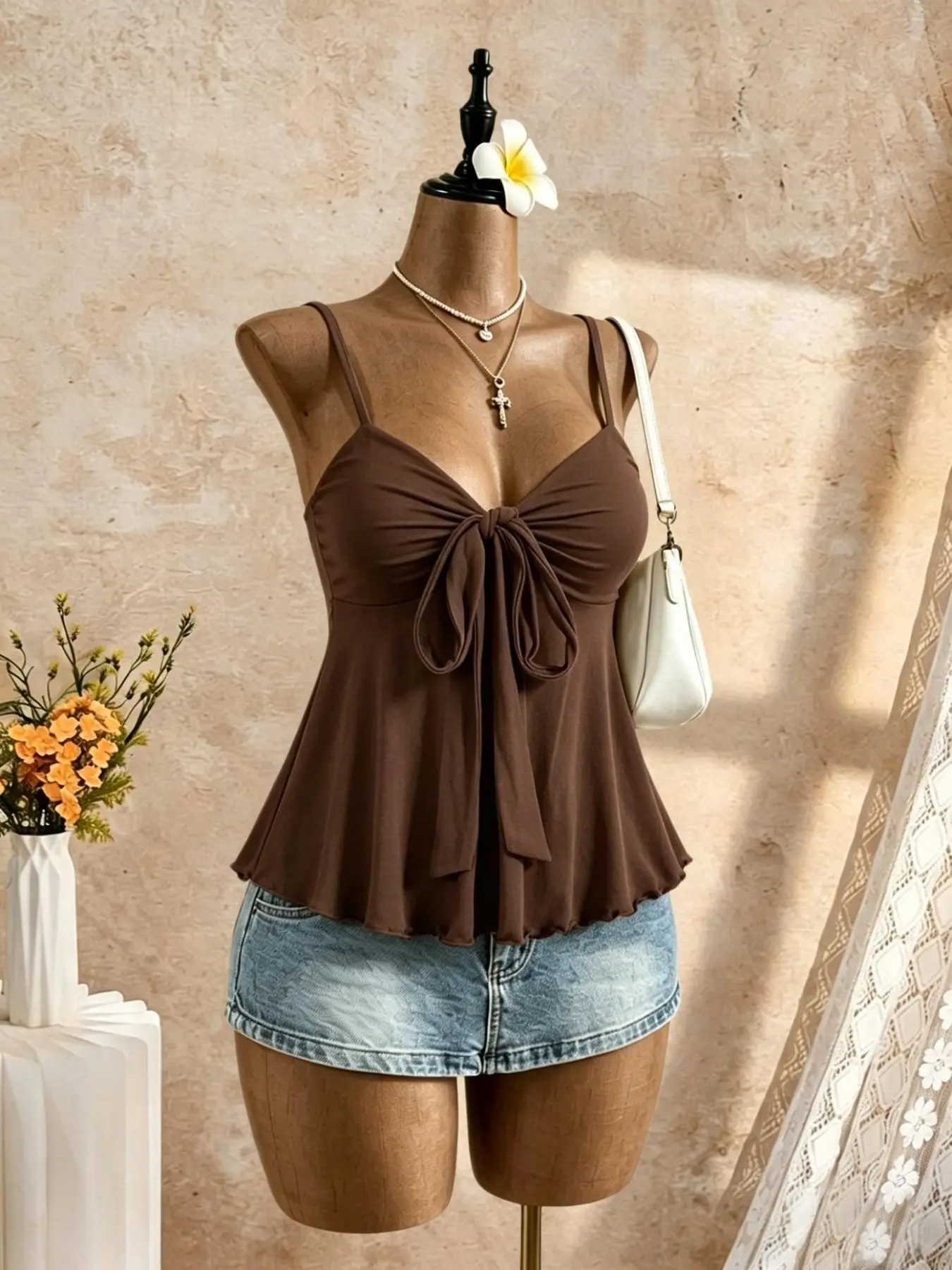 Women's Butterfly Knot Ruffle Halter Top, Thin Strap Spaghetti Strap Lightweight Flowy Hem Vest, Sweet Elegant V-Neck Sleeveless Shirt, Summer Beach Vacation & Casual Wear Fit