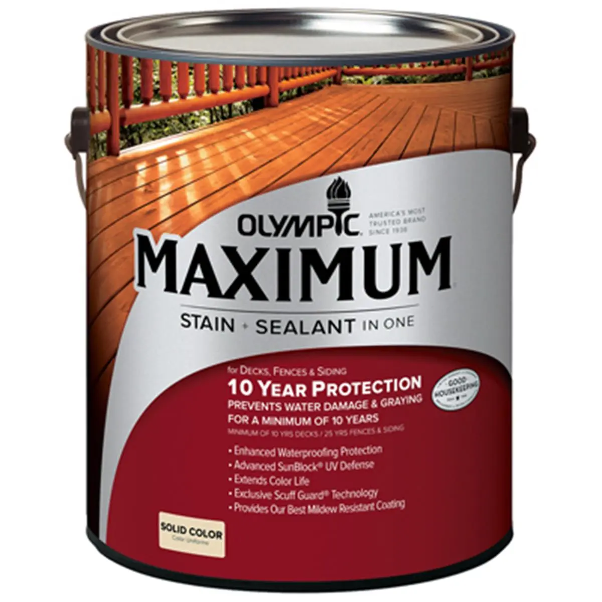 212 MAIN Olympic 79611A-01 1-Gal White Base Maximum Deck Stain, Acrylic Base, UV Protection, Mildew Guard for Fences & Siding