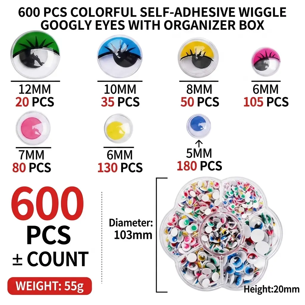 Unisex Colorful Self-Adhesive Wiggle Googly Eyes with Self-Adhesive Backing, 600 Pieces 3mm-5mm Assorted Sizes Plastic Moving Eyes, Transparent Partitioned Portable Storage Box for DIY Crafts, Arts Crafts, Kids and Adults