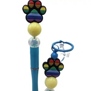 RAINBOW PAW PRINT Keychain Set  with matching Beaded Pen