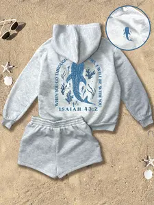 Women's Summer 2-Piece Set, Casual Street Style Drawstring Hoodie + Simple Versatile Drawstring Shorts, Ideal for Daily Wear and Outdoor Activities, Fall outfit