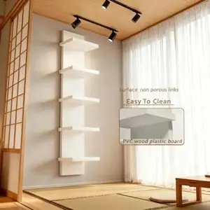 Five-tier white PVC wall shelf, heavy-duty floating shelf, self-adhesive wall-mounted storage shelf without drilling, Wall Mount Compatible, Wall Mount Design, suitable for displaying plants, books in bedrooms, home decor display shelf (Model: DM148)