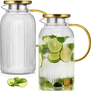 2 PACK 68 oz Glass Pitcher with Lids, Classic Vertical Stripes Pitcher with Lid and Handle, Water Jug for Hot/Cold Drinks, Borosilicate Glass Carafe for Coffee, Iced Sun Tea, Juice, Sangria summerwins