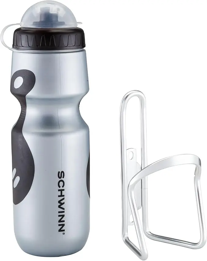 23 Oz Sport Water Bottle & Alloy Holder Combo – BPA-Free Squeeze Bottle, Easy Attachment for Most Bikes – Silver/Black