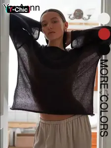 Women's Hollow-Out Knit Sweater, Spring/Summer New Arrival, Thin Solid Round Neck Flare-Sleeve Loose Long-Sleeve Top, Comfortable and Breathable Knitwear