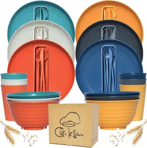 [limited time deal] 48 Pcs Wheat Straw Dinnerware Sets for 6- Unbreakable Dinnerware Set with Large Plates, Bowl and Cup Set -BPA Free, Lightweight, Microwave Safe Wheat Straw Plates and Bowls Sets, RV Camping Dishes Set Cutlery Tableware