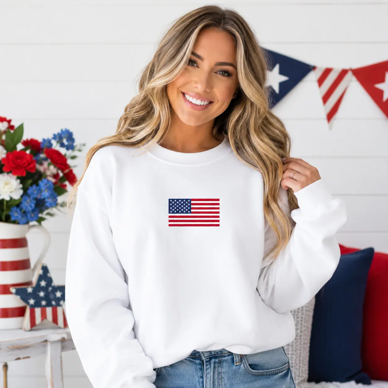 American Flag Embroidered Unisex Sweatshirt, Patriotic USA Crewneck, 4th of July Outfit for Him or Her