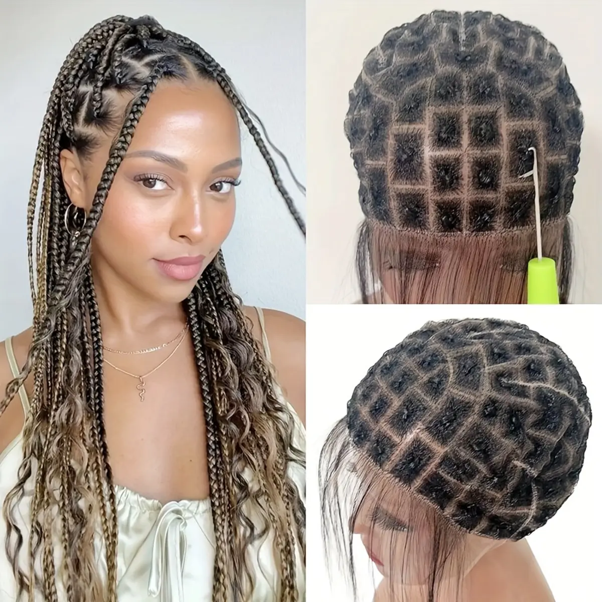 1Pc Synthetic Hair Braided Full Lace Wig Cap for Crochet Braids Full Double Lace Braided Wig With Baby Hair Suitable for Professional DIY Making Crochet Wigs Easy to Handle Premade Square Patten Lace Front Crochet Cap for Add Crochet Hair Braided Wig Cap,
