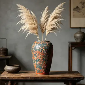 Wabi-Sabi Speckled Pottery Vase, Handmade Mottled Glaze Ceramic Jar, Vintage Dried Flower Decor, Living Room Tea Room Artistic Vase