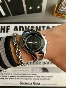 Y2K Vintage Dual Display Watch, Casual Style, Silver Color Band, Dial, Quartz Movement, Round Case, Perfect Couple Gift