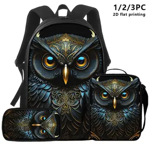 Exquisite 2D Flat-Printed Black & Golden Owl Character Art Backpack Sets - 1/2/3-Piece Casual, Dustproof, Embellished Graphic, High Capacity Bags (Backpacks, Shoulder, Storage) for Urban Commuting, Travel, Casual Backpacks, Character Art Backpacks