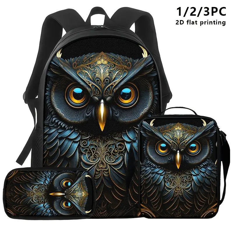 Exquisite 2D Flat-Printed Black & Golden Owl Character Art Backpack Sets - 1/2/3-Piece Casual, Dustproof, Embellished Graphic, High Capacity Bags (Backpacks, Shoulder, Storage) for Urban Commuting, Travel, Casual Backpacks, Character Art Backpacks