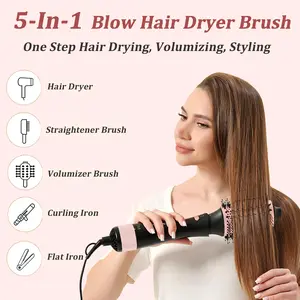 USBELFF Hair Dryers Hair Blow Dryer Brush Set 5 in 1-Pink, Curlers Straighteners，Versatile Detachable Negative Ion Styler Kit, Ceramic Barrel Hot Air Brush Tools for Volumer, Dry, Slightly Curly, for Middle to Long Hair Comfort