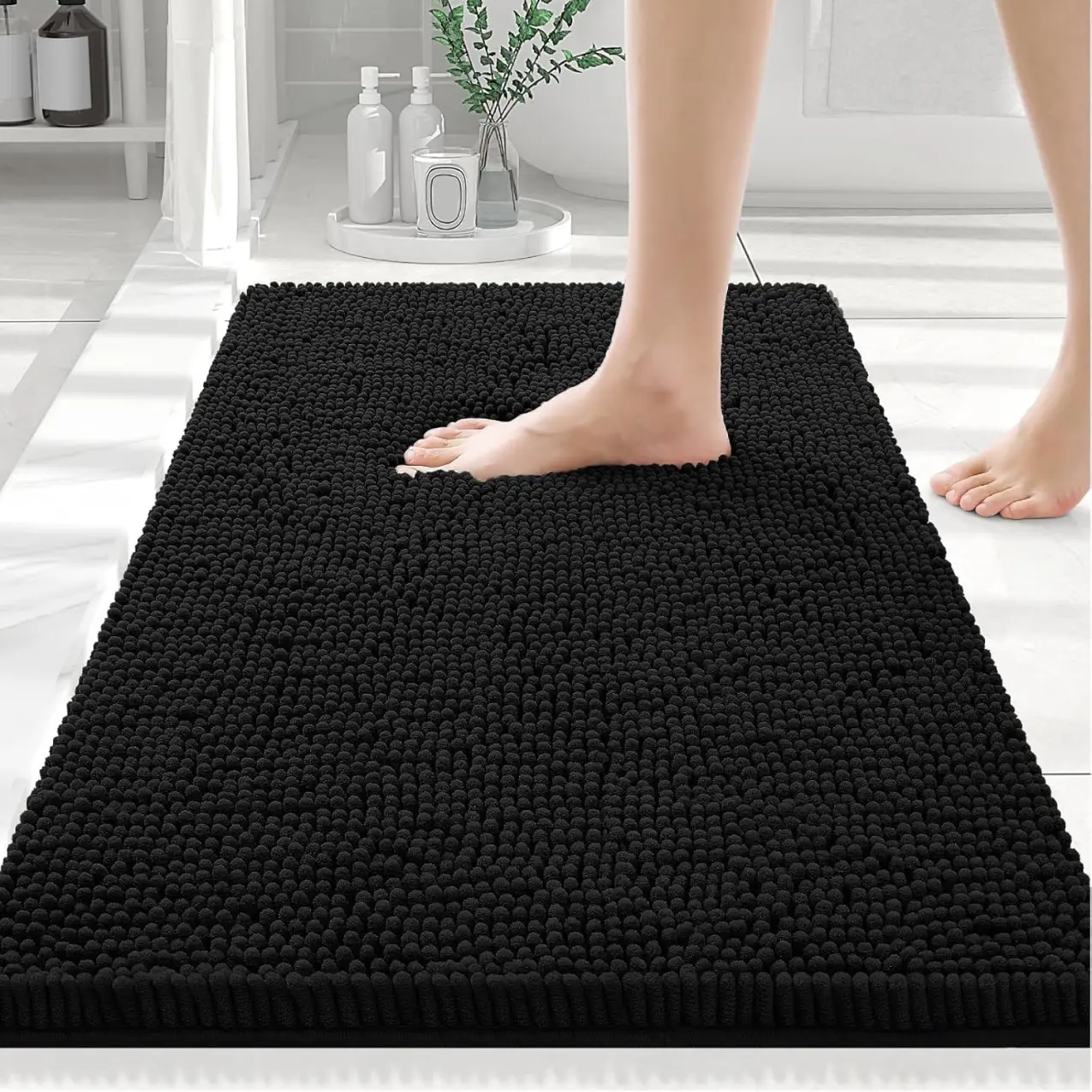 Luxury Chenille Rectangle Bathroom Mat (30x20in) - Non-Slip Fiber, Soft, Absorbs Well, Easy Clean, Machine Washable Plush Shaggy Rug for Shower Floors, Decorative Bath Mat, Bathroom Accessory