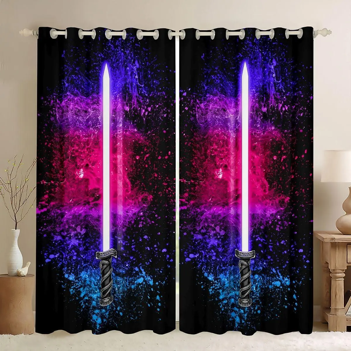 Lightsaber Curtains Inch for Kids Boys Teens Gradient Pink Blue 2 Panels Window Curtains Bedroom Decor Tie Dye Rod Pocket Thermal Insulated Window Treatment Drapes Room Decoration