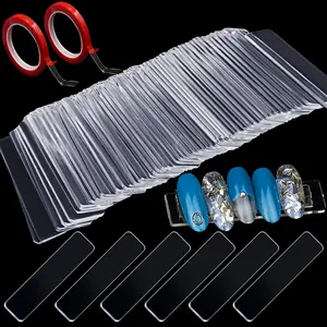 100PCS Transparent Nail Art Display Stand With 2 Rolls Double-Sided Tape Acrylic Nail Tips Display Strips Fake Nails Art Tips Practice Holder For Salon Home Nail Accessory Office Decor