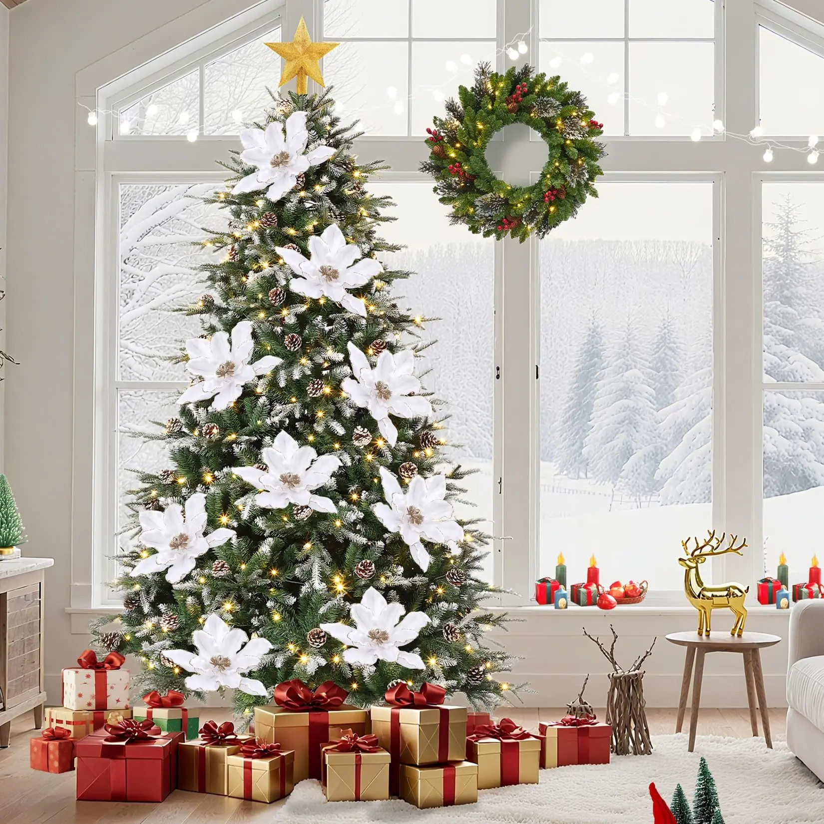 12 Pcs Large Artificial Magnolia Christmas Flowers, Velvet Poinsettia Stems for Xmas Tree, Wreath & Table Decor – Ornaments Set
