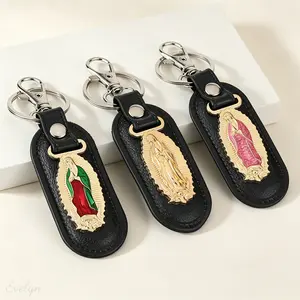 Religious Folk Figure Leather Keychain, Gold Embossed Guadalupe Lady Pendant Key Holder, Lobster Clasp PU Leather Car Bag Decor Key Accessory for Men Women Daily Styling