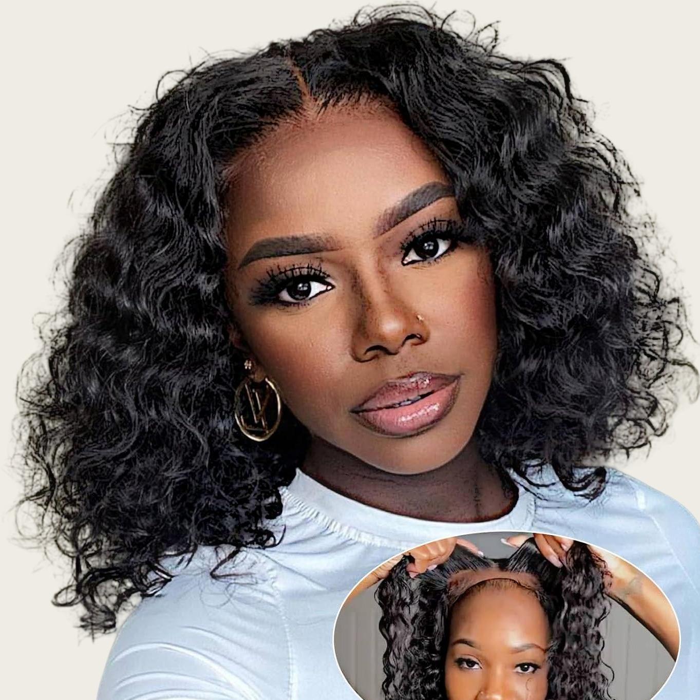 Short Bob Glueless Wigs 6x4 Ready To Wear Deep Wave Curly Wigs Human Hair Wet and Wave 6x4 HD Lace Closure Wig For Women Pre Plucked 180% SpringStatements