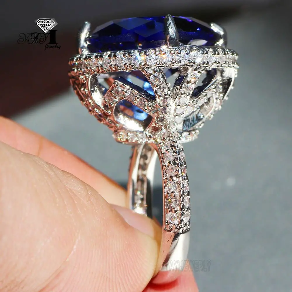 YaYI Jewelry Princess Cut  15*15mm Huge Blue Sapphire Zircon Silver Color Engagement Wedding Heart Rings Gifts 705