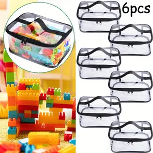 6 Packs Clear Toy Storage Bags- 9.4 x 6.7 x 4.3 Inch Transparent PVC Toy Organizing Bags with Zipper- Waterproof Toy Storage Organizer Pouch for Building Blocks,Small Toys (Black) Room storage gift