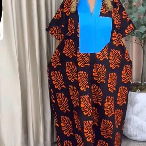 Ankara Bubu Dress with Vibrant Orange Leaf Print and Blue Contrast Collar for Stylish Comfort