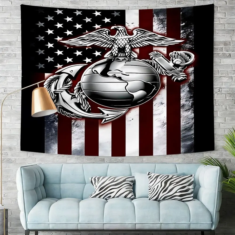 Stylized Marine Corps Eagle, Globe, and Anchor Tapestry, Distressed American Flag Wall Hanging, Decorative Tapestry, Digital Print Wall Tapestry for Patriotic Home Decor, Perfect for Living Room, Bedroom, and Military Themed Spaces, Design