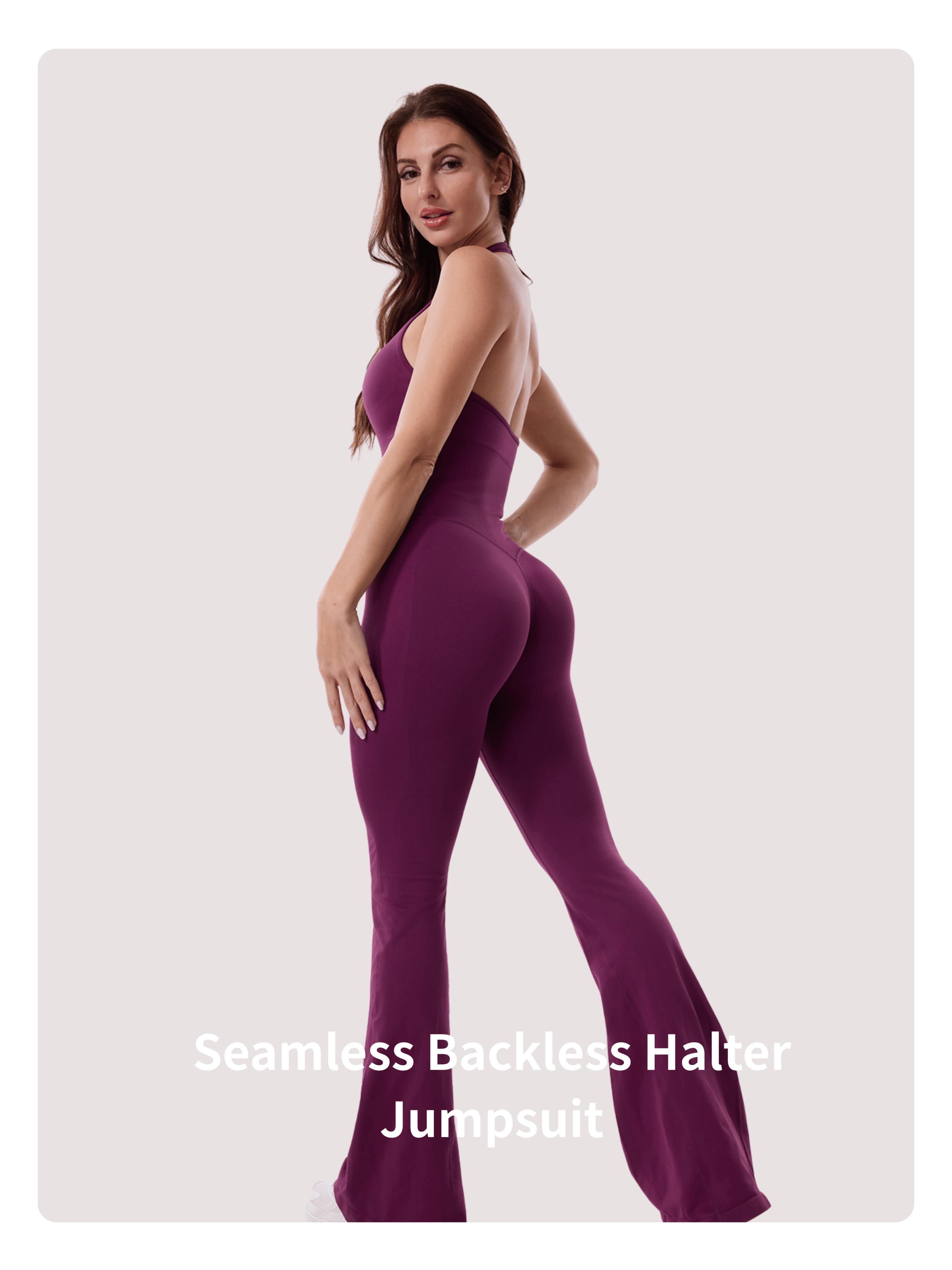 Coral Canton Backless Halter Top Sport Jumpsuit Bodycon Flared Legs