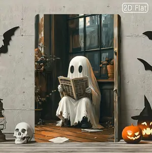Charming Ghost Reading Newspaper Decorative Plaque for Cozy Spaces Whimsical Wall Art for Bathroom or Corners Perfect for a Sweet and Spooky Ambiance 8x12 Inch
