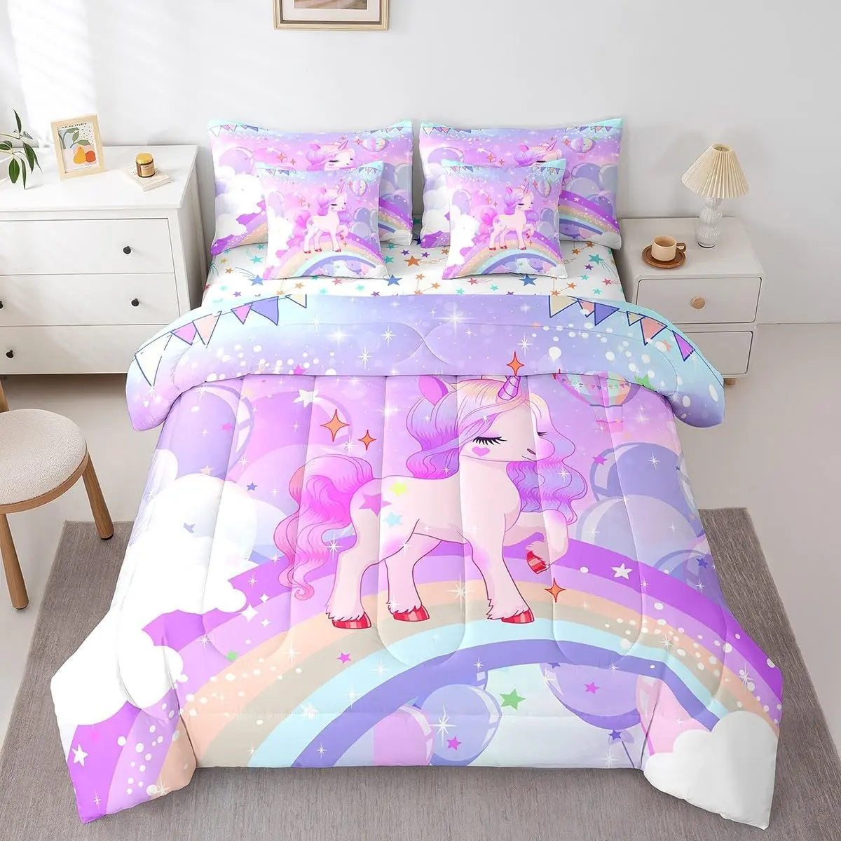 Feelyou 7-Piece Purple Kawaii Unicorn Bed-in-A-Bag Bedding Set for Toddler Girls - Comforter, Bedsheet Sets, Cartoon Stars, Machine Washable, Multi-Size, Cozy Setup, Unicorn Magic Collection, Toddler Girl, Cozy Bed Setup