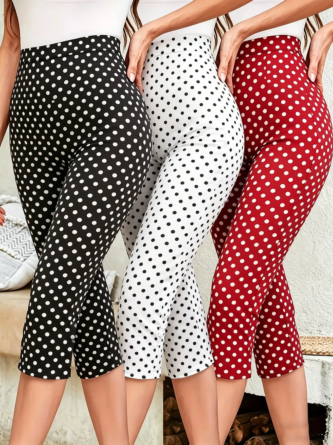 Women's Y2K Summer Elastic High-Waist Polka Dot Tight Fit Casual Capri Pants Stretchy, Perfect for Sports, Yoga, Gym, Cycling, Campus, Dates, Dinners, Bottoms