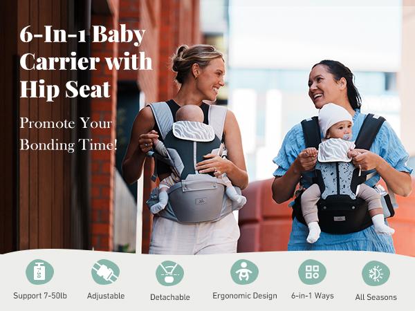 Baby Carrier, Safety-Certified 6-in-1 Baby Carrier Newborn to Toddler, Adjustable Detachable Infant Baby Hip Seat Carrier for 7-50lbs, All Seasons, Perfect for Shopping Travelling./bck01