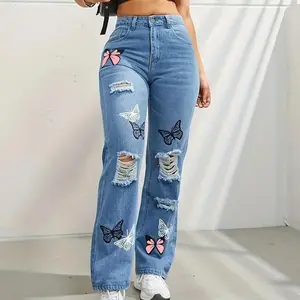 Butterfly Printing Denim Trousers Women Holes Jeans Straight Pants High Waist Loose Fit Vintage 2024 Casual Distressed Denims bootcutjeans