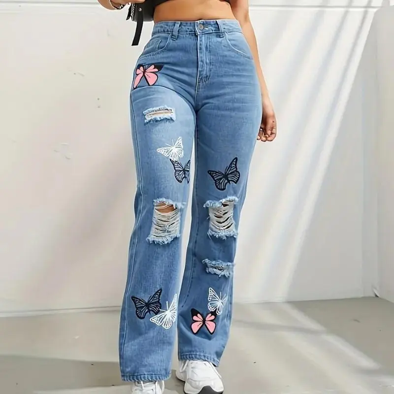 Butterfly Printing Denim Trousers Women Holes Jeans Straight Pants High Waist Loose Fit Vintage 2024 Casual Distressed Denims bootcutjeans