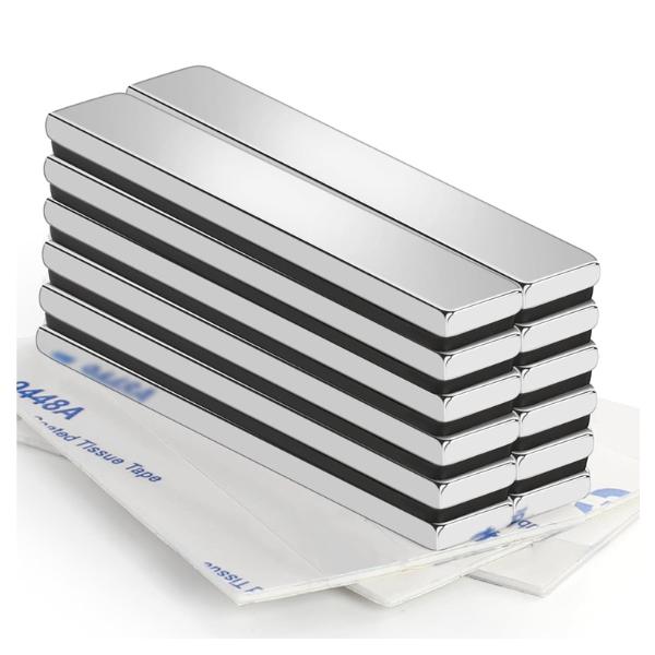 Strong Neodymium Magnets Bar, 12 Pack Powerful Rare Earth Magnets with Double-Sided Adhesive, Waterproof Magnetic Magnet Strips Heavy Duty Perfect for Kitchen, DIY, Office - 60 x 10 x 3 mm