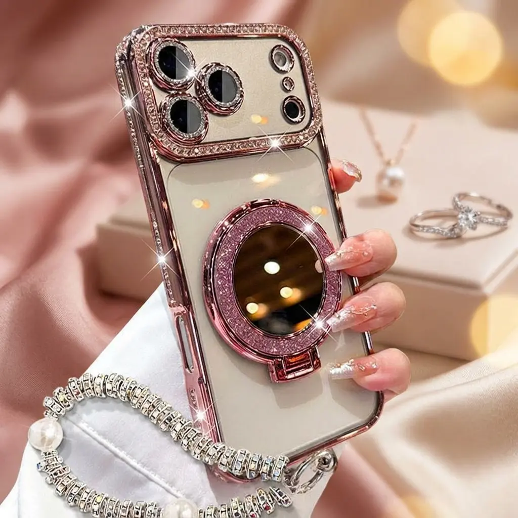 3-in-1 Luxury Mirror iPhone Case: Makeup Mirror + Ring Holder Kickstand + Camera Protection | Bling Crystal Clear Case for iPhone12~17 Pro Max