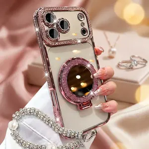 [outdoor fun]Luxury Glitter Clear iPhone Case with Built-in Makeup Mirror & Foldable Stand, Shockproof Protective Phone Cover for iPhone 12-17 Pro Max Plus, Trendy Aesthetic Gift for Women
