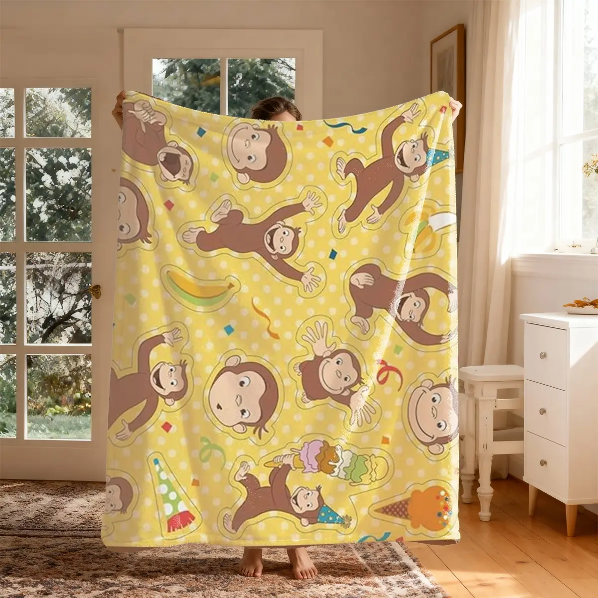 Curious George Monkey Theme Flannel, Cartoon Pattern Blanket, Soft Cozy Blanket, Soft Blankets, Large Size, Soft Lightweight Warm, Perfect for Bed Sofa Office Camping Travel, Christmas Gift