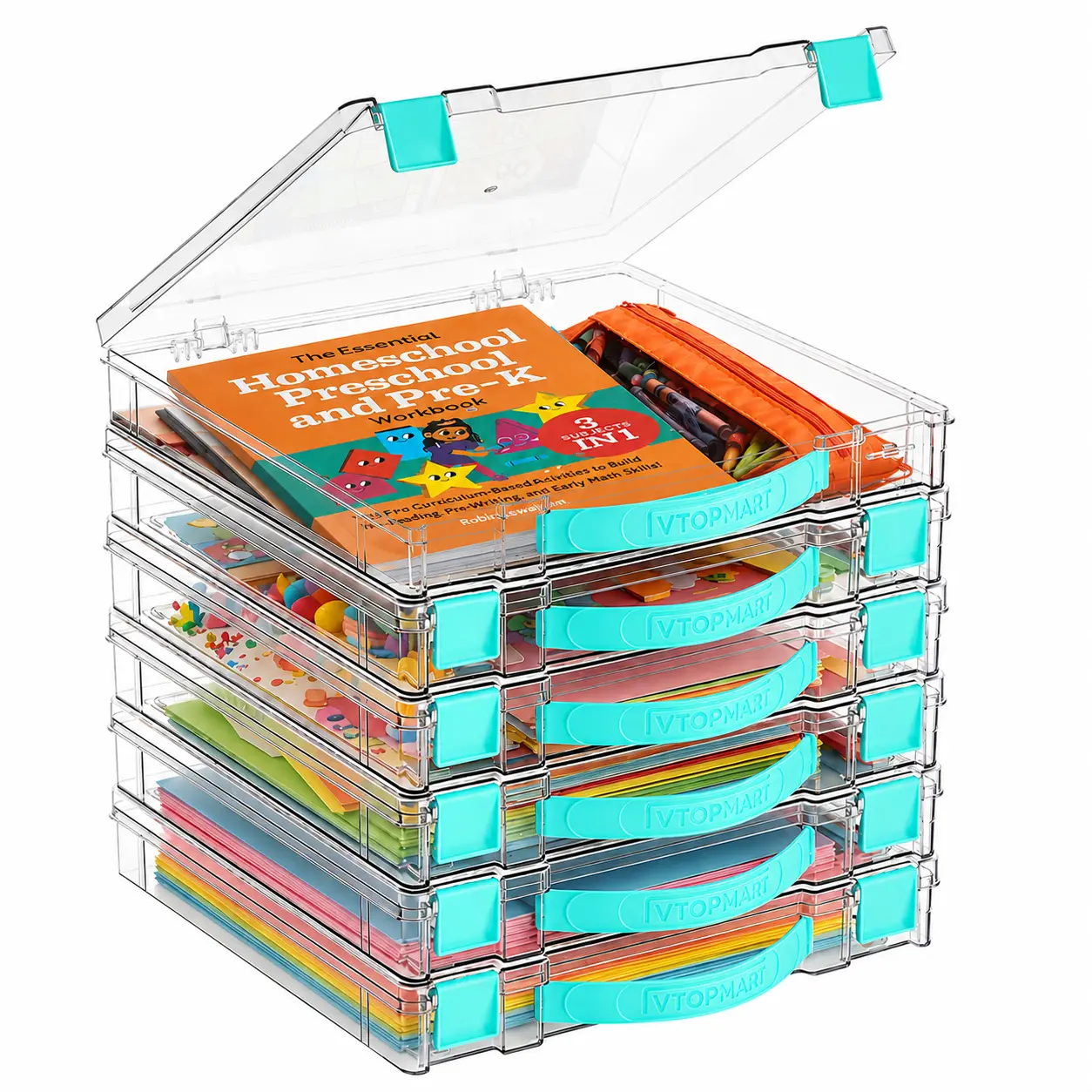 【4.5QT Storage Bin】Vtopmart 2/3/6 Pack Clear 4.5QT Craft & Scrapbook Storage Box with Handle, Snap-Tight Latch Lid, 12"x12" Paper Fit, Stackable, Easy to Carry Between Rooms, for Art Supplies Puzzles Board Game, Playroom Organization
