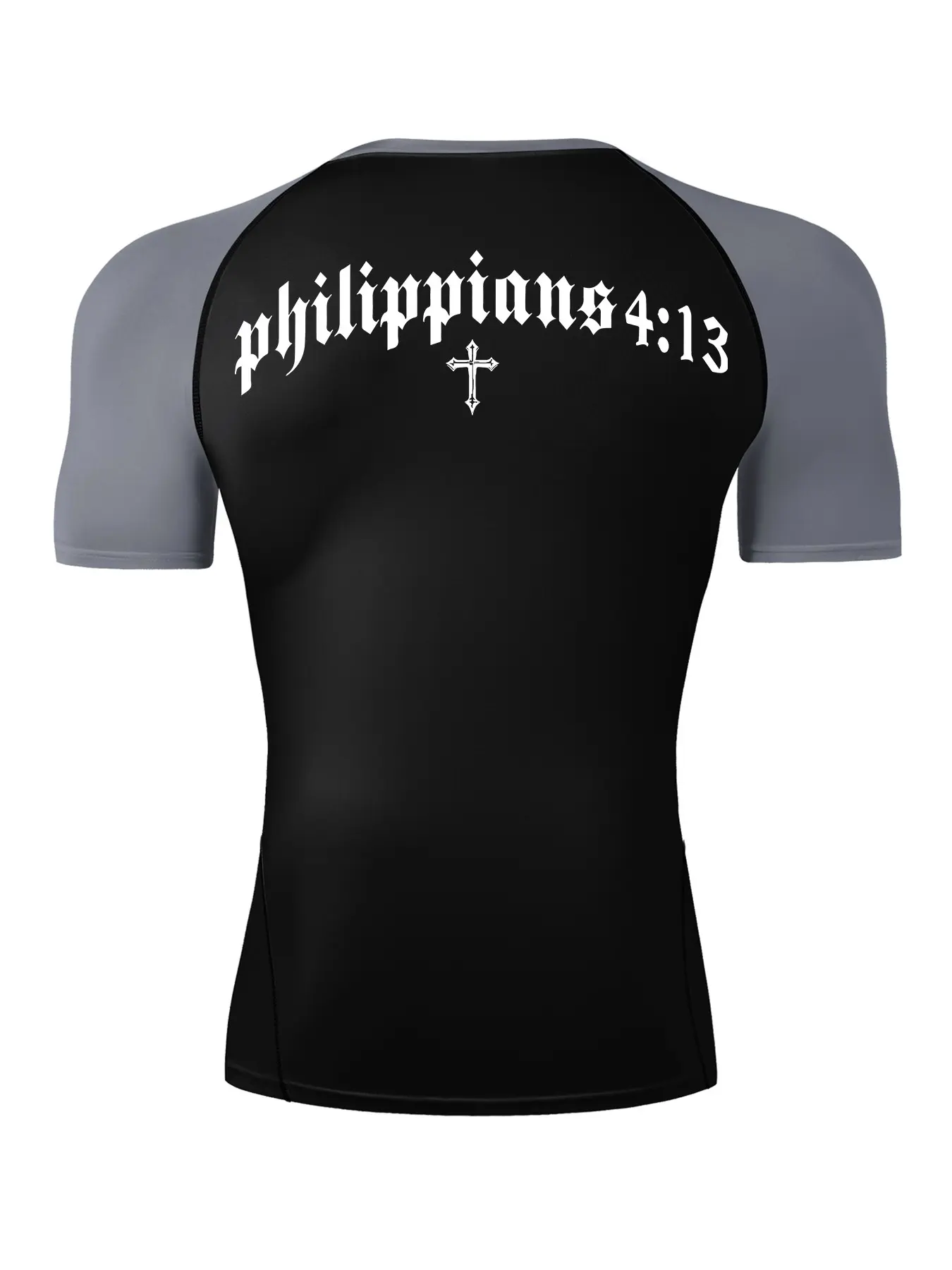 Philippians 4:13 Cross Print Short Sleeve Compression Shirt for Men, Gym Workout Running Sporty T-Shirt, Fitness Shirts, Summer Quick-Dry Dry Fit Stretch Cool Breathable Tech Round Neck Tight-Fit Tees Tops, Activewear Sportswear, Fitness Sport Top