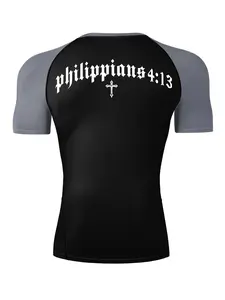 Philippians 4:13 Cross Print Short Sleeve Compression Shirt for Men, Gym Workout Running Sporty T-Shirt, Fitness Shirts, Summer Quick-Dry Dry Fit Stretch Cool Breathable Tech Round Neck Tight-Fit Tees Tops, Activewear Sportswear, Fitness Sport Top