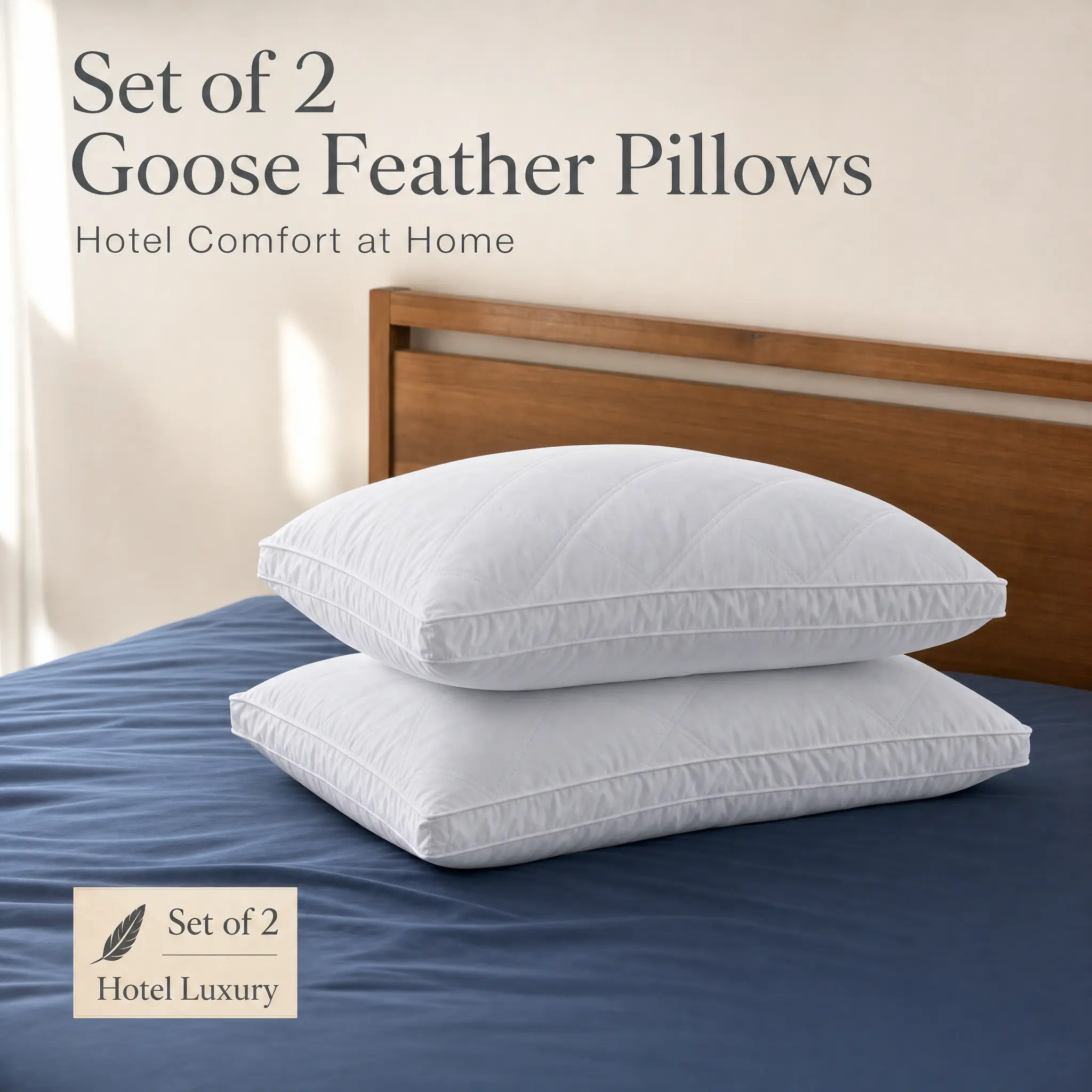 GOOSEA Set of 2 Goose Feather Bed Pillows, Premium Natural Goose Feather Fill, Gusseted Medium Firm Support, Ultra-Soft Peach Skin Cover, Hotel Collection Pillows for Side, Back & Combination Sleepers