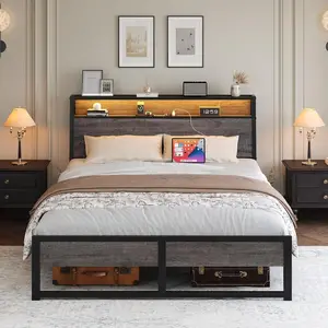 HOMBCK Bed Frame, Bed Frame with LED Light Storage Headboard and Charging Station, Metal Platform Bed Frame Full with Ergonomic Storage Headboard, No Box Spring Needed, Easy Assembly, Grey