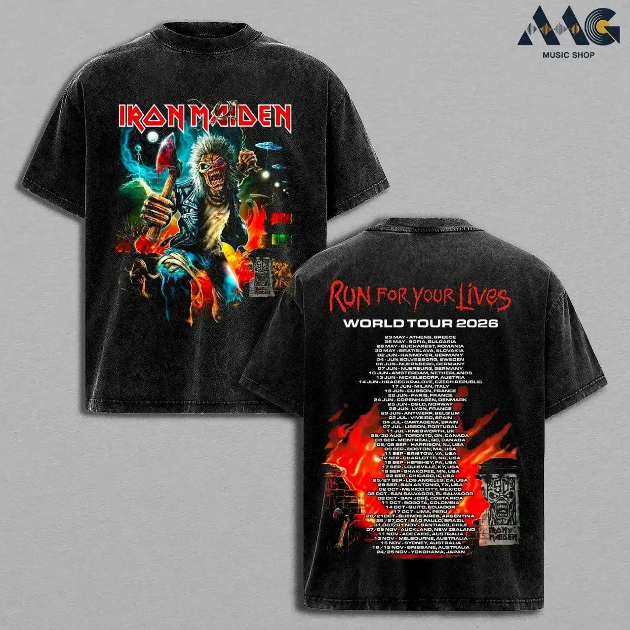 Iron Maiden Red Logo Eddie Head Ax Live Tour Dates Oversized Graphic Tee Men Vintage Washed Clothes, Heavyweight Cotton Unisex Shirt Good Graphic Tees, Soft Unisex Top for Everyday Wear, Classic British Hard Rock Music, Top Men's and Women's Clothing