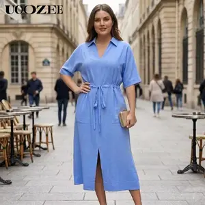 UOOZEE Women's 2026 Spring Summer Polyester Short-Sleeve Cinch V-Neck Drawstring Waist Midi Shirt Dress with Pockets, Slit, Bag - Minimalist Casual Streetwear Cardigan-Inspired, Ideal for Summer Brunch, Urban Outings (1 Size Up for C-Cup+)