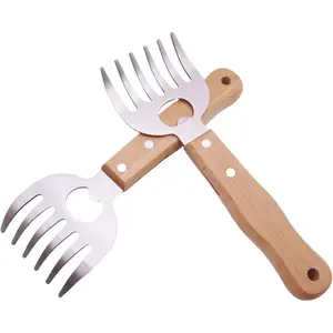 Heavy Duty Stainless Steel Meat Shredder Claws with Built-in Bottle Opener & Wooden Handle, BBQ Claws for Shredding Pulled Pork, Chicken, Turkey, Beef