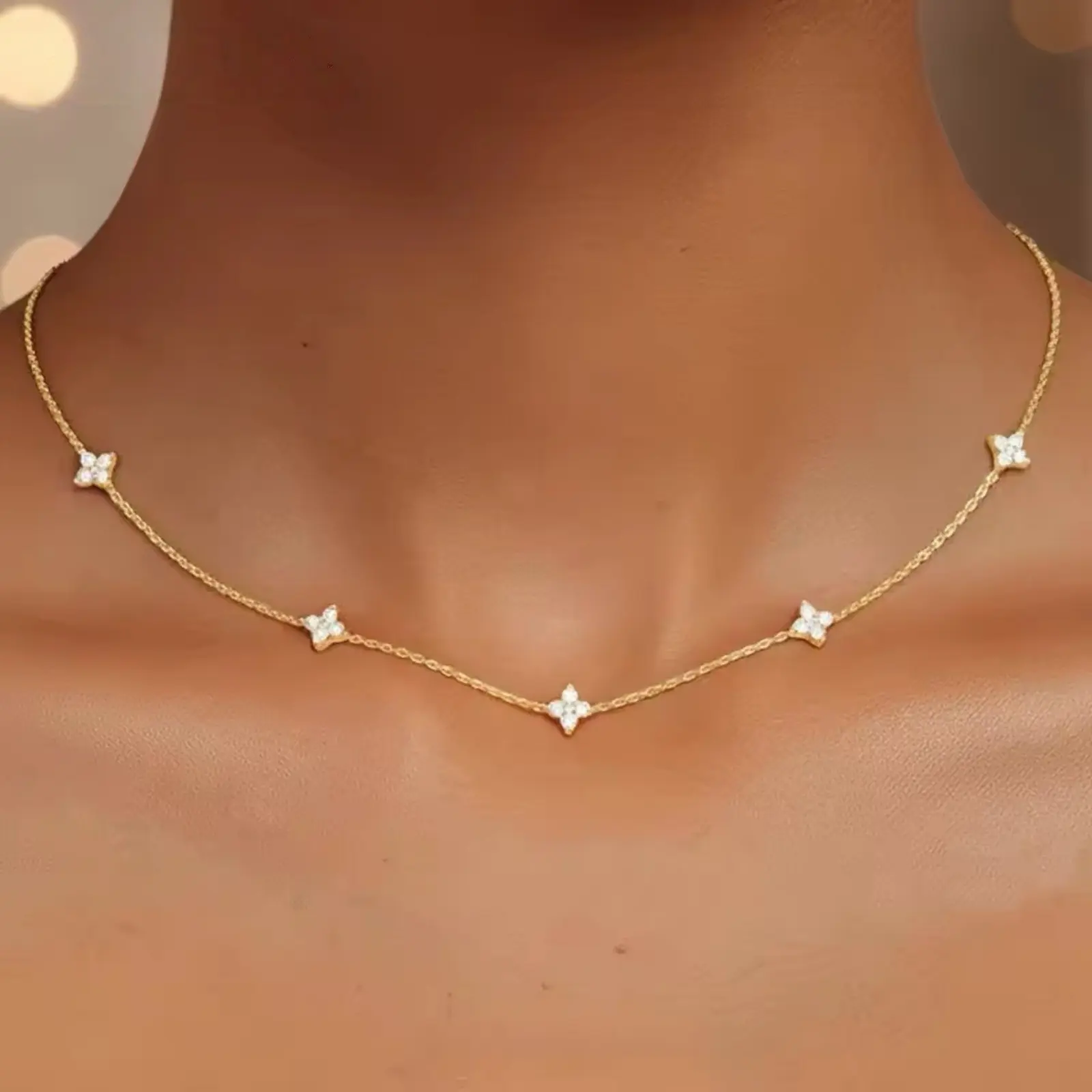 Women's Dainty 4-Leaf Clover Necklace - Gold, Silver Stainless Steel CZ Charm Chain, Minimalist Everyday Costume Jewelry